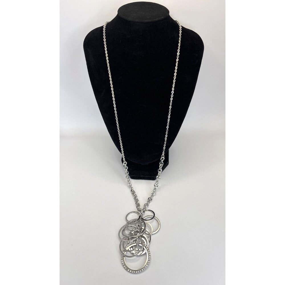 New York & Company Silver Tone Interlocking Circle Rings Rhinestone Necklace NEW